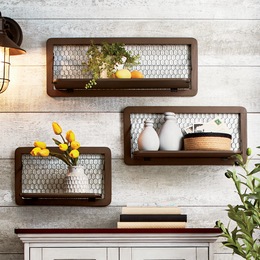 Set of 3 Chicken Wire Wall Shelves, , large