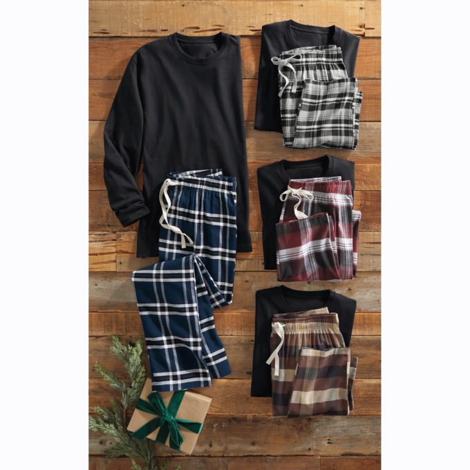 Value 2-Piece Men's PJ Set with Crew Top and Plaid Bottoms, , large
