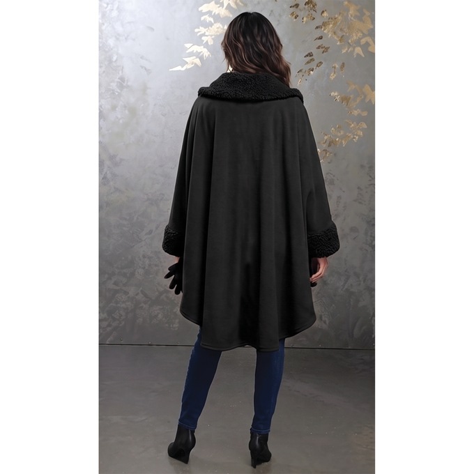 Sherpa-Trimmed Matching Fleece Cape with Gloves, Black, large