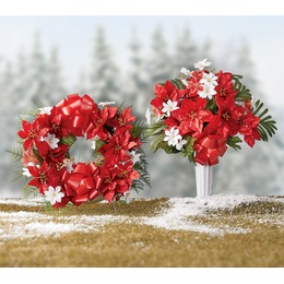 Red Poinsettia Memorial Floral Wreath and Vase, , large