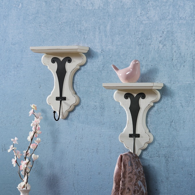 Set Of 2 Vintage-Style Vera Shelves With Hooks, , large