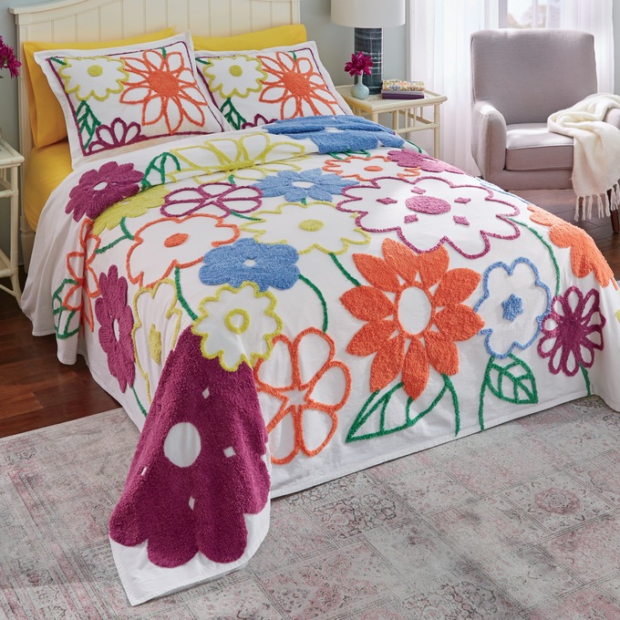 Bright Floral Chenille Bedspread, , large