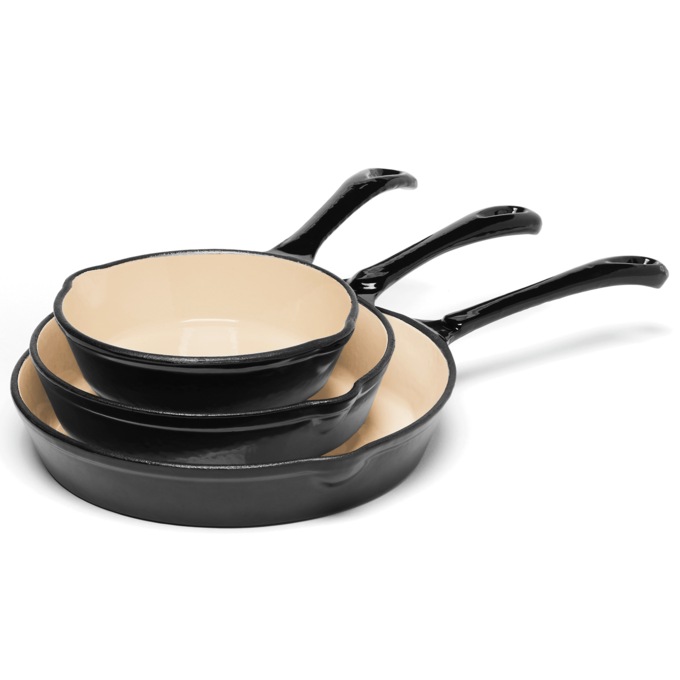 3-Piece Enameled Cast Iron Skillet Set, Black, large