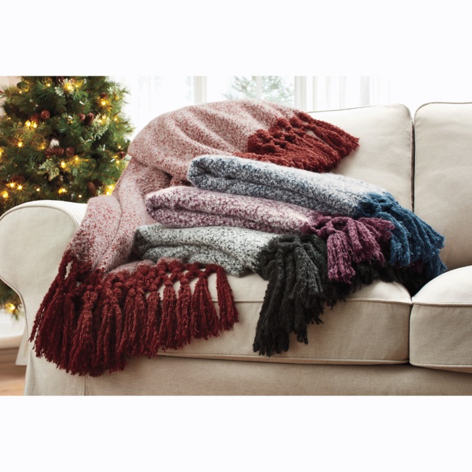 Bouclé Throw with Macrame Fringe, Black, large