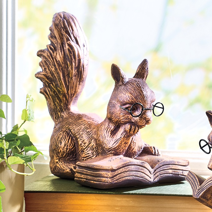 Hand-Painted Resin Reading Critter Figurine - Fox or Squirrel with Book, , large