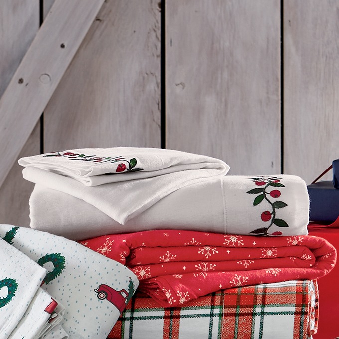 Holly Berry Embroidered Cotton Flannel Sheet Set, , large