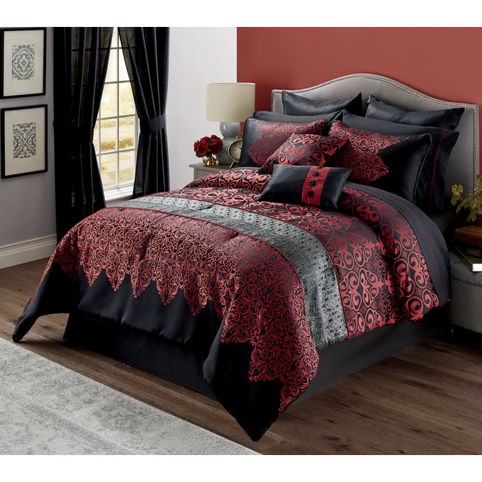 Kismet Woven Jacquard Comforter Set, 10 Pieces, Red, large