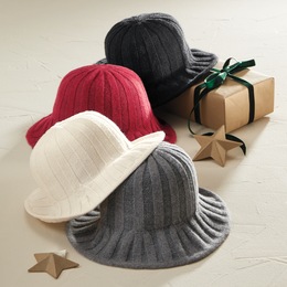 Wool Blend Women&#39;s Round Hat with Ribbed Jersey Knit Pattern, , large