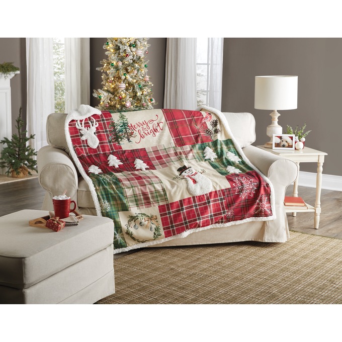 Patchwork-Style Sherpa Throw, , large