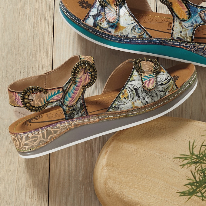 L'Artiste Offtrak Hand-Painted Leather Sandal with Low Heel and Adjustable Fit, , large