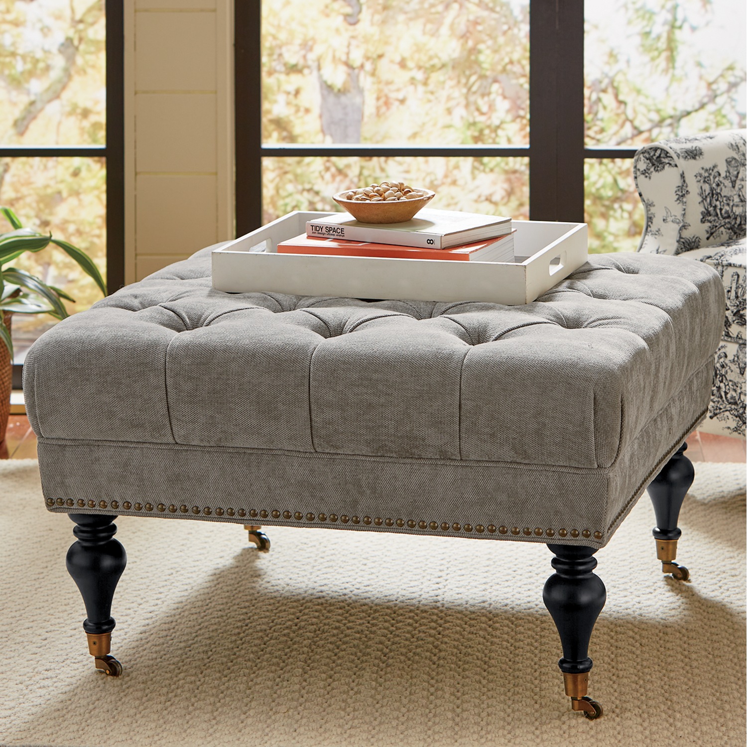 Grey tufted shop ottoman
