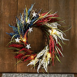 Lit Red, White &amp; Blue Wildflower Wreath, , large