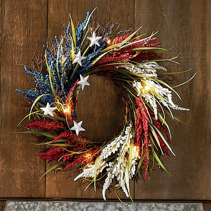 Lit Red, White & Blue Wildflower Wreath, , large