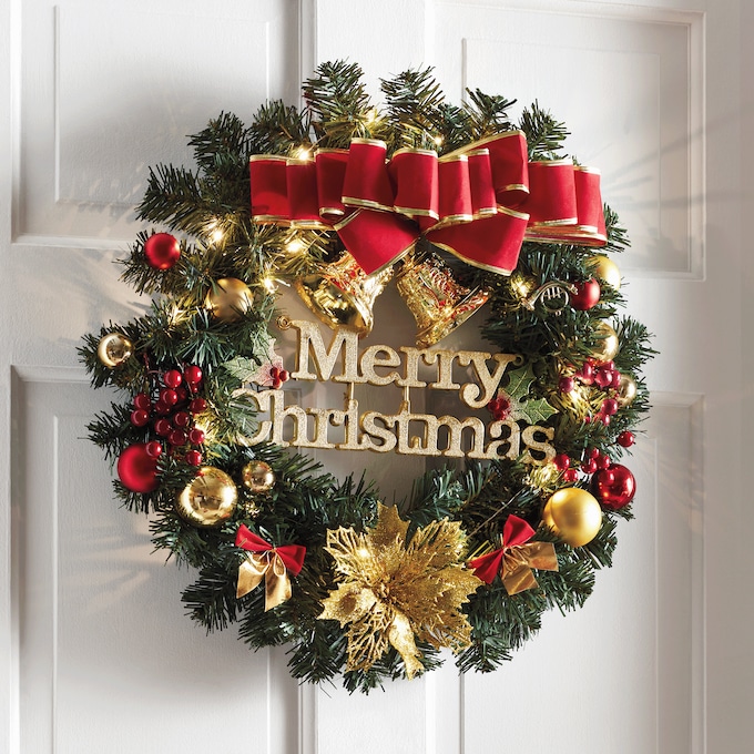 Lit Merry Christmas Wreath, , large