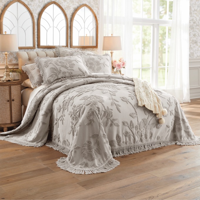 Alice Floral Chenille Bedspread, Gray, large