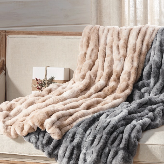 Super-Soft Ruched Throw, Tan Multi, large