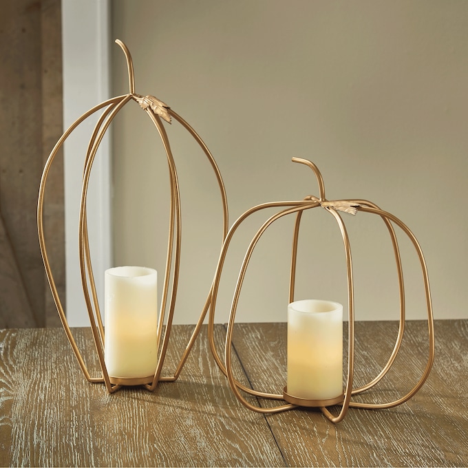 Set of 2 Candlelit Goldtone Pumpkins, , large