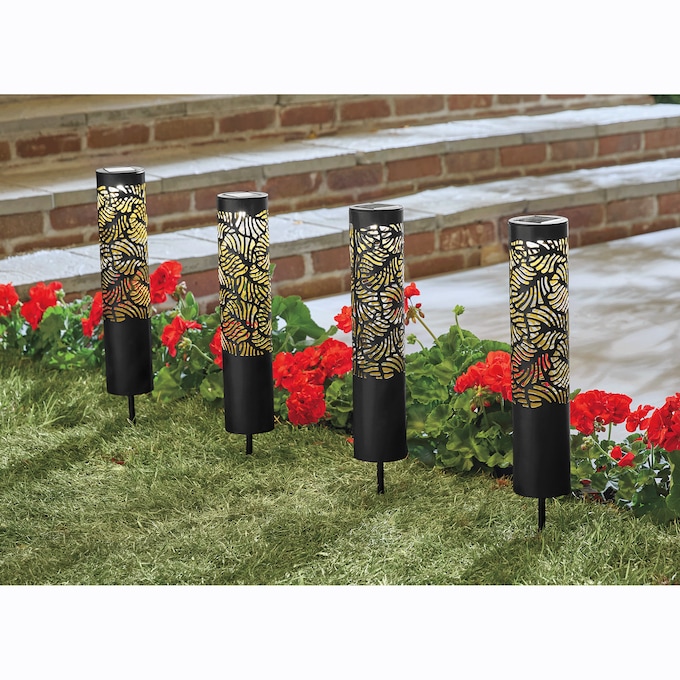 Set of 4 Solar Leaf Garden Pillars, , large