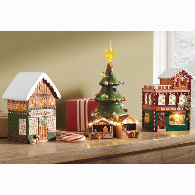 Lit Snowy Village Buildings, , large