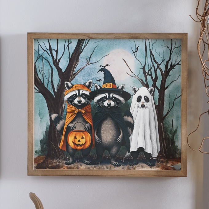 Moonlight Mischief-Makers Raccoon Trick-or-Treaters Halloween Wall Art, Multi, large