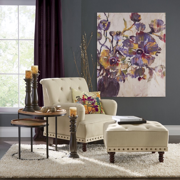 Tufted Accent Chair and Nailhead Ottoman, , large