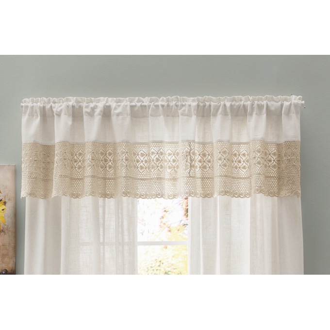 Crochet Trim Linen-Look Window Valance with Lace Detail, Natural, large