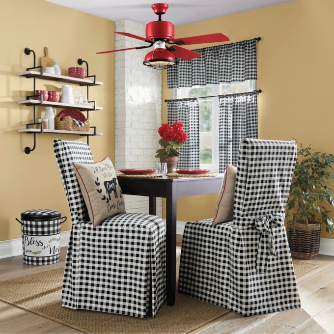 Gingham Check Dining Chair Cover with Ties, Black, large