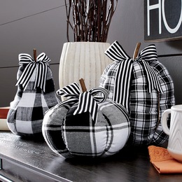 Set of 3 Black and White Plaid Pumpkins, , large