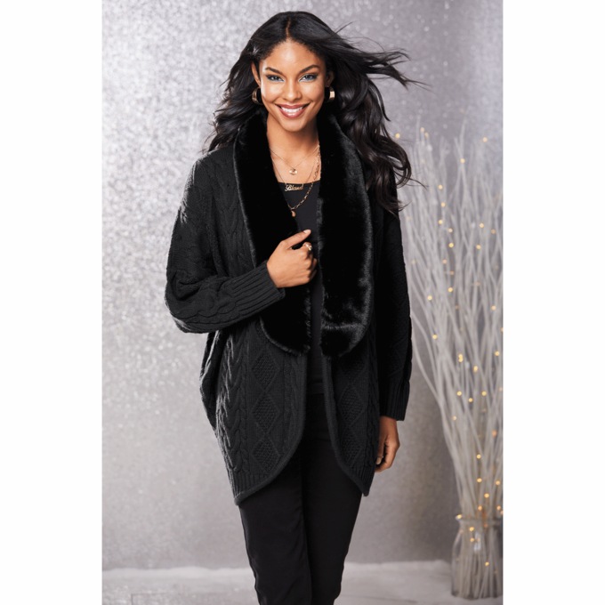Diana Faux Fur-Trimmed Cardigan, Black, large