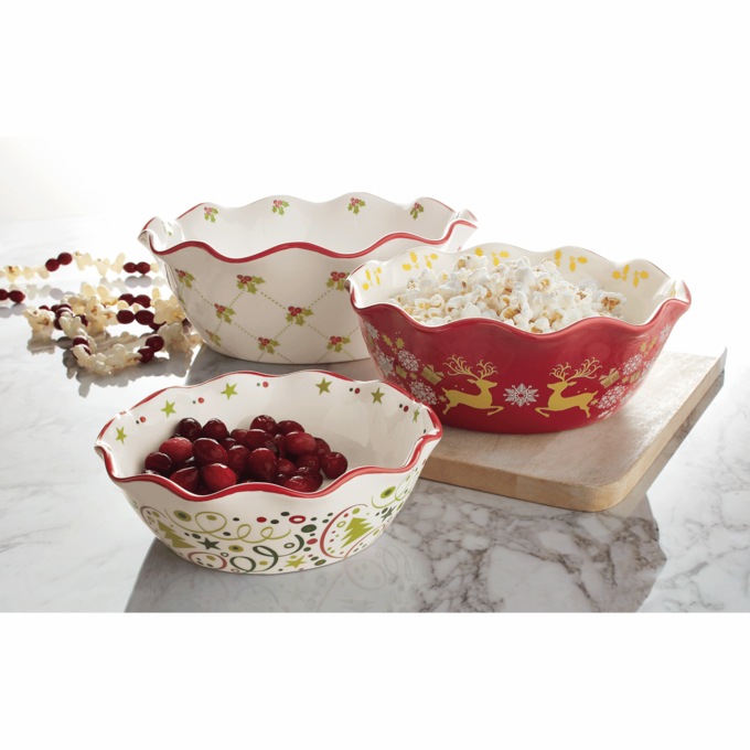 Set of 3 Holiday Ruffle-Edge Bowls, , large