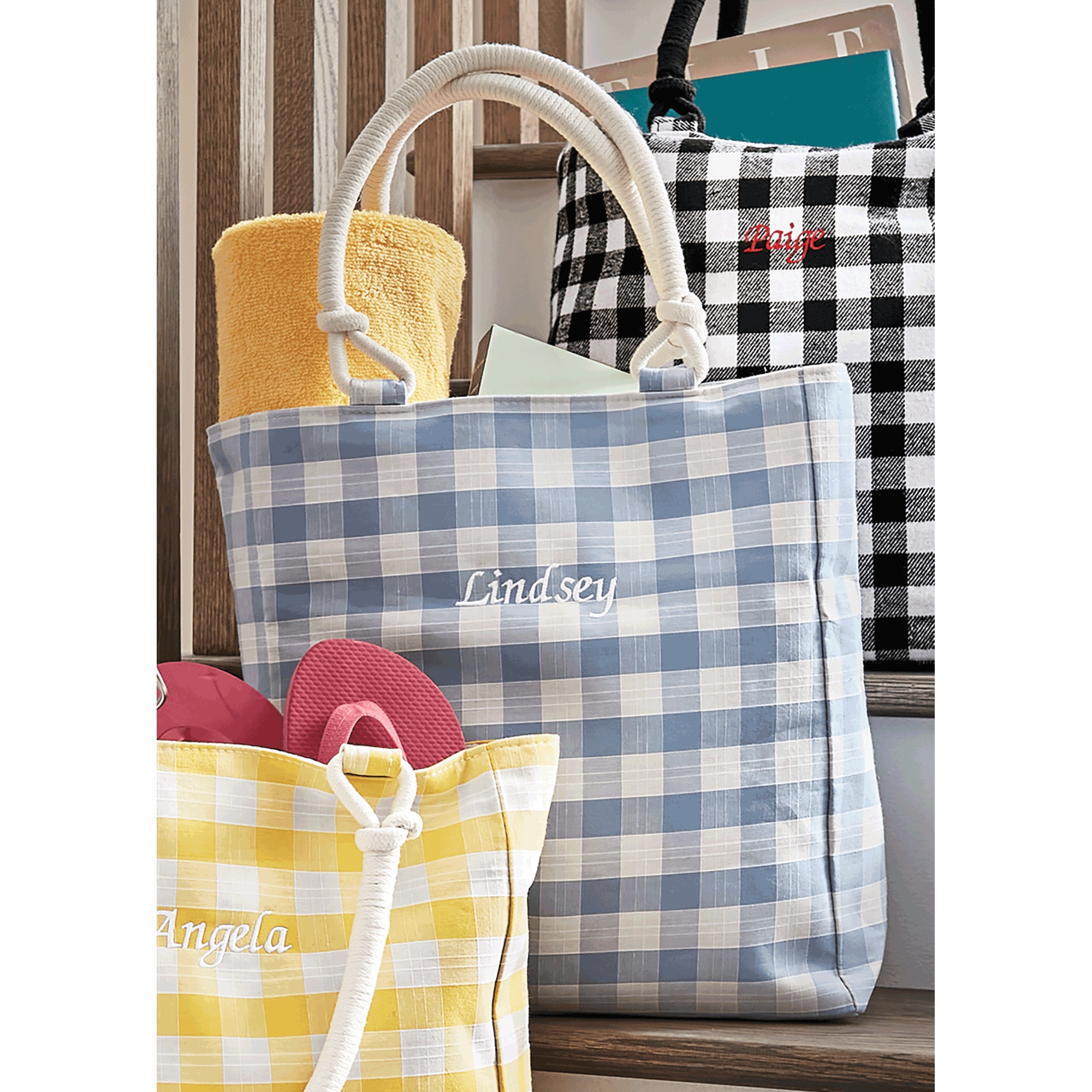 Personalized Farmhouse Tote, Blue White Check, large