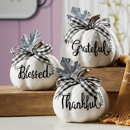 Set of 3 White Pumpkins with Plaid Bows, , large