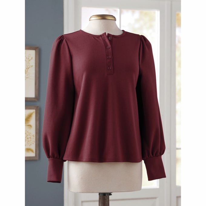 Puff-Sleeve Knit Henley Top, , large