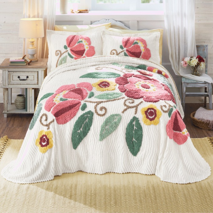 Spring Floral Chenille Bedspread and Sham, , large