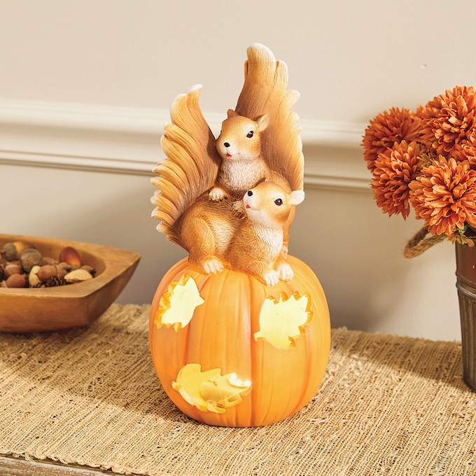Lit Harvest Squirrels on Pumpkin, , large