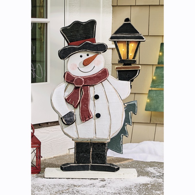 Chunky Wood Snowman with Lantern, , large