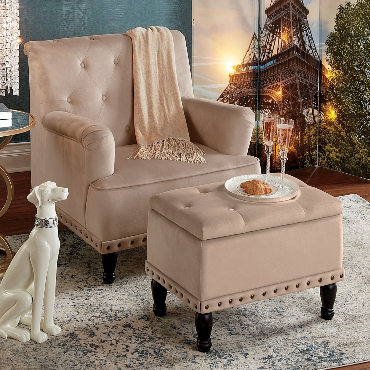 Tufted accent chair top and nailhead ottoman