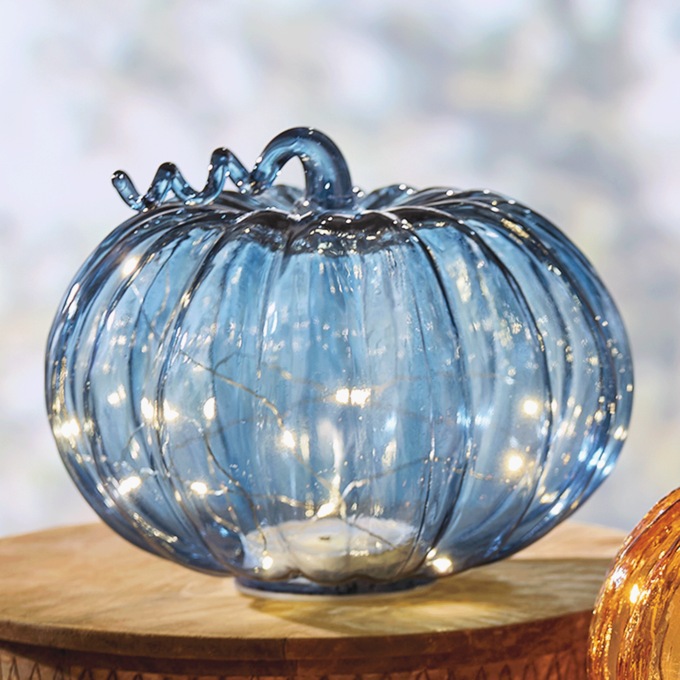 Set of 2 Lit Glass Pumpkins, Blue, large