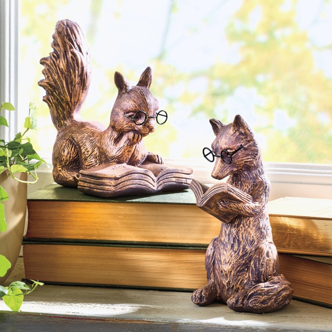 Hand-Painted Resin Reading Critter Figurine - Fox or Squirrel with Book, , large