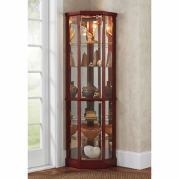 Tessa Lighted Display Corner Curio Cabinet with Glass Shelves and Mirrored Back, , large