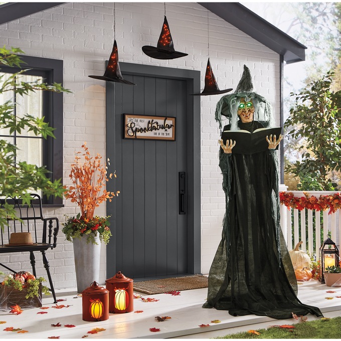 Set of 3 Hanging Lit Witch Hats, Orange, large