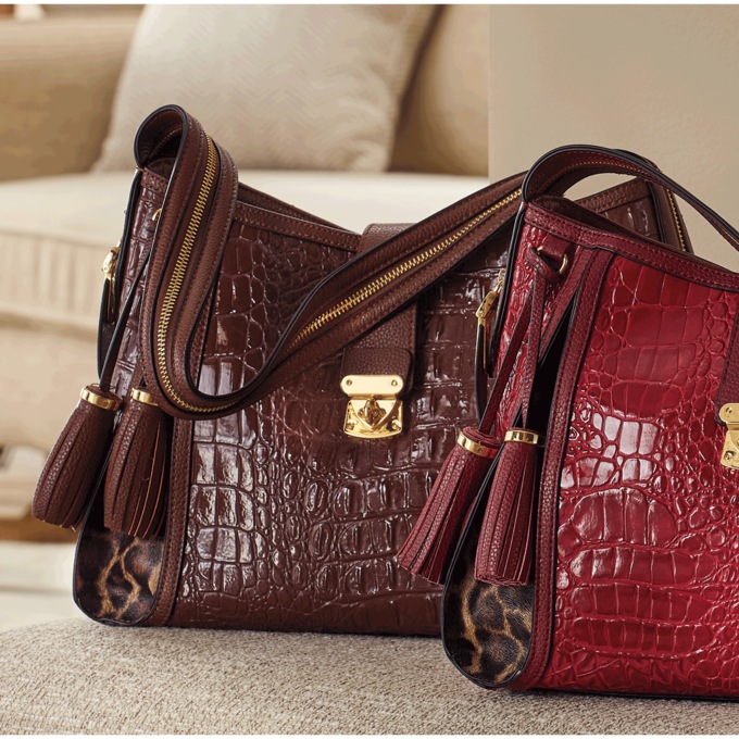 M.C. Handbags Kayden Croco Leather Satchel, Brown, large