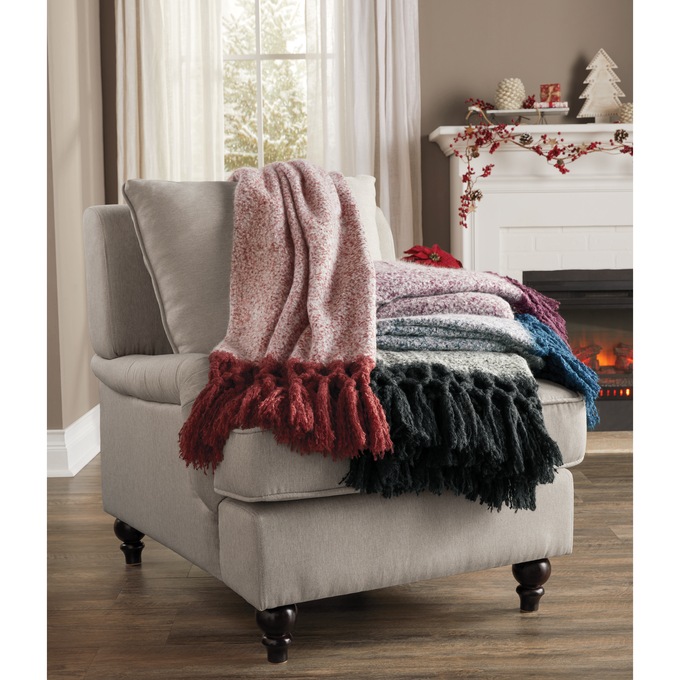 Bouclé Throw with Macrame Fringe, Black, large