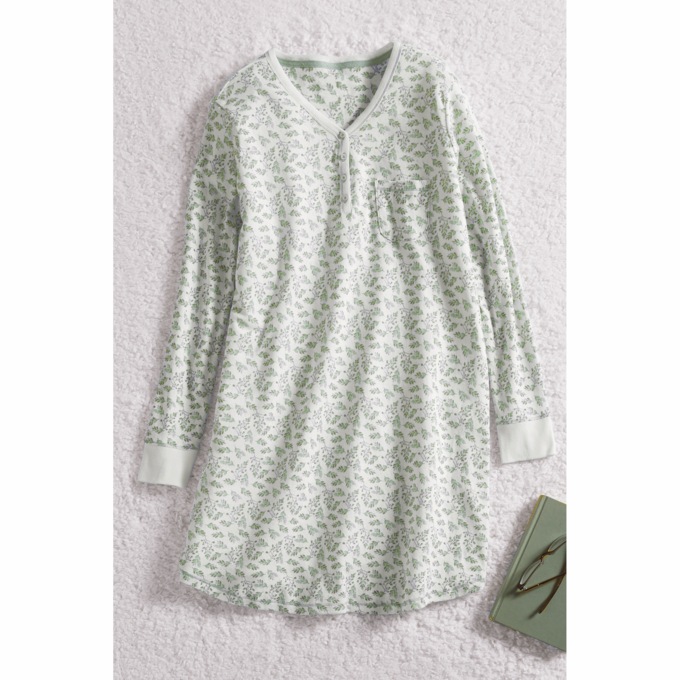 Organic-Cotton Knit Women&rsquo;s Sleep Shirt with Long Sleeves, V-Neck and Pockets, , large