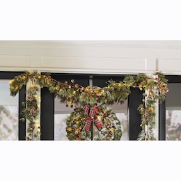 Lit Frosted Garland with Pinecones and Bow, , large