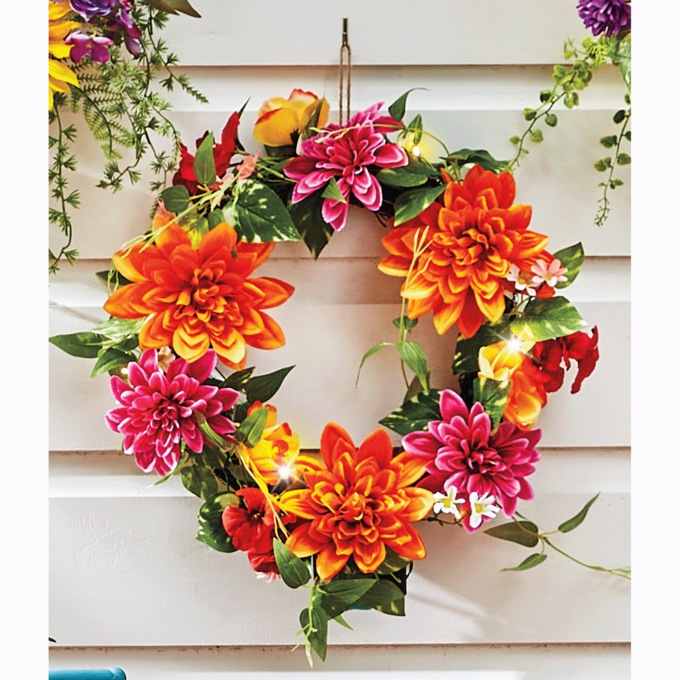 Lit Pink and Orange Dahlia Wreath, , large
