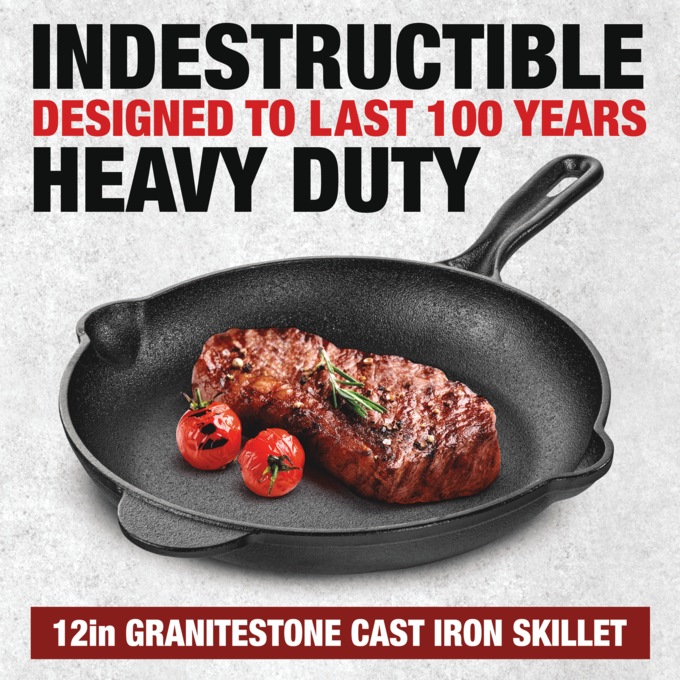 Granitestone Pre-Seasoned Cast Iron 12" Skillet, , large