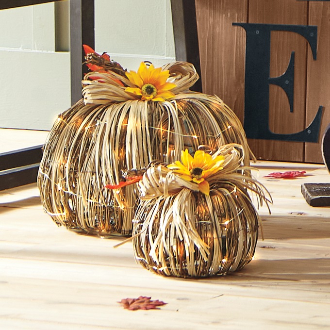Set Of 2 Lighted Rattan Pumpkins, , large