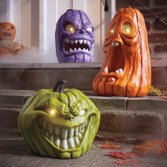 Set of 3 Lit Haunted Pumpkin Heads, , large