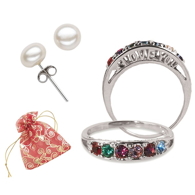 Personalized I Love You Family Birthstone Ring and Freshwater Pearl Earrings, , large